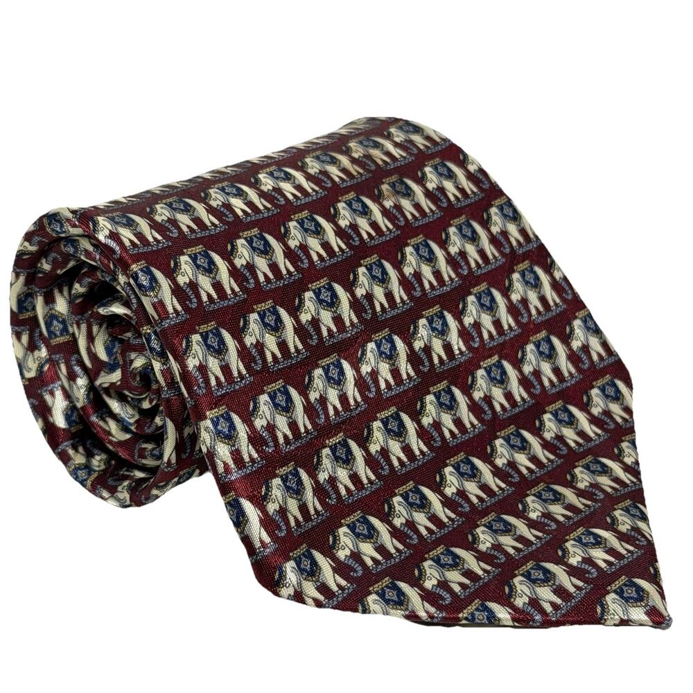 Christian Armand Necktie 58"x 4" Maroon w Cream Blue Elephants Silk Tie VTG EUC